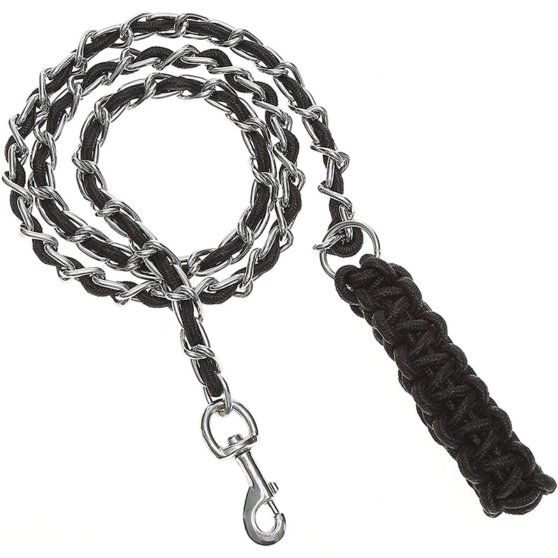 Benepaw Heavy Duty Metal Chain Dog Leash Soft Anti Bite Nylon Braided Handle Pet Lead Training Rope Leads For Medium Big Dogs: Black