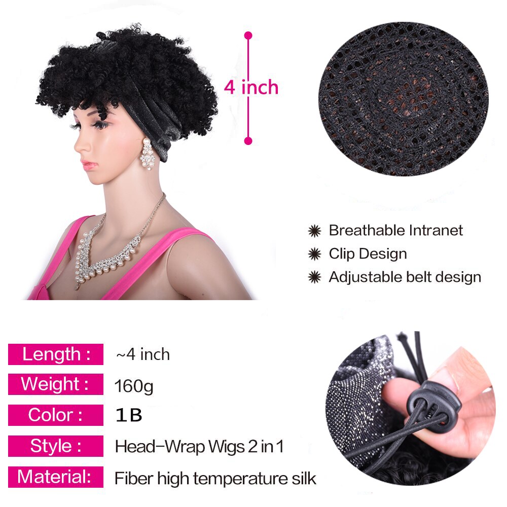 Short High Puff Afro Kinky Curly Drawstring Ponytail With Bang Headwrap Turban Wig for Black Women African Updo