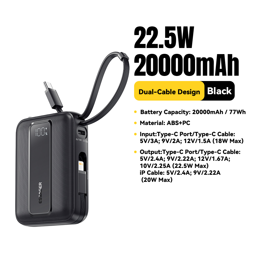 Essager 20000mAh Power Bank PD22.5W Dual Cable Fast Charging Powerbank Portable External Battery Charger For iphone Huawei ipad: black / 10000mAh