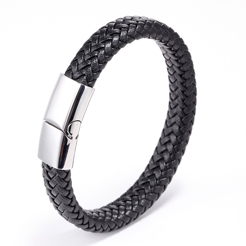 Handgemachte Geflochtene Armreif Männer Biker Manschette Schnalle Leder Magnetische Armband: Black Silver