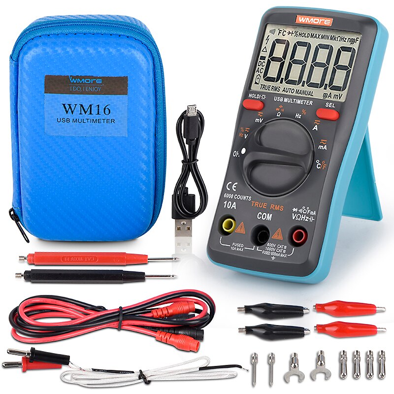Wmore USB Charge Digital Multimeter for Tester 6000 counts Auto Ranging AC/DC voltage meter Flash light Back light Top: Blue