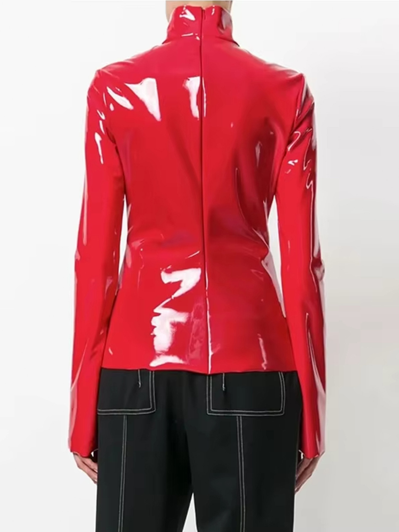 Kvinder vintage latex læder toppe med høj hals sort highstreet turtleneck varm pullover langærmet rød pu lynlås t-shirt brugerdefineret