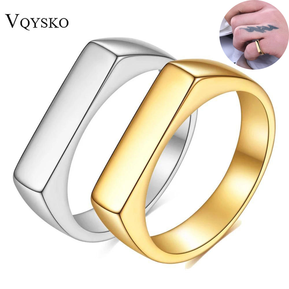 Anillo de sello superior plano con banda cuadrada, Color plata oxidada, acero inoxidable, joyería rústica Vintage para hombres y mujeres