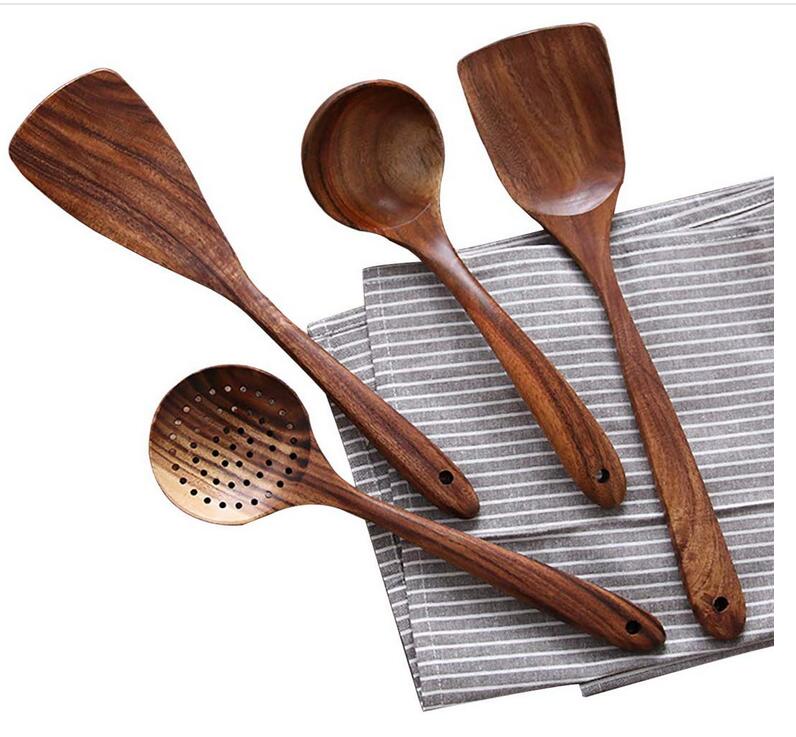 Kjøkkenredskaper sett naturlig teak kjøkkenutstyr suppe skje sleiv turner dørslag nonstick tre spatel kokekar sett: 4 stk
