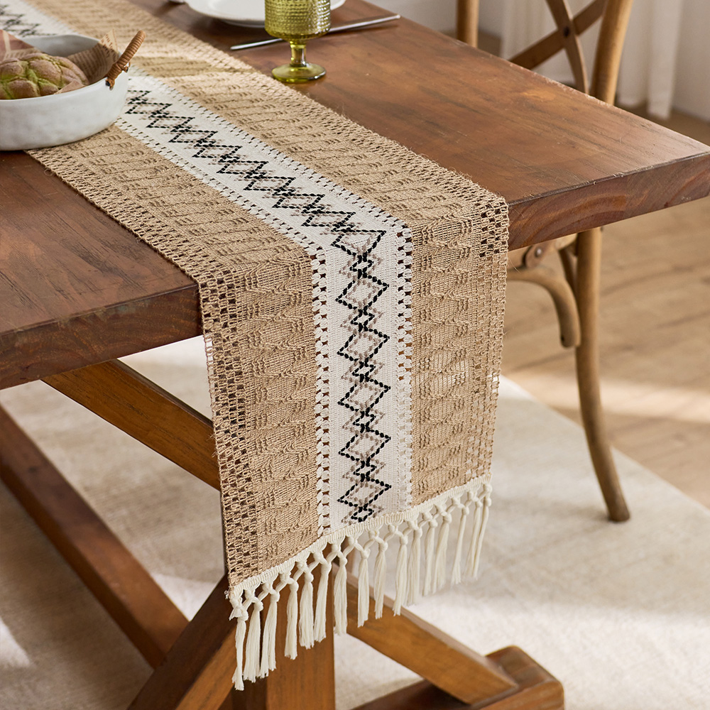 1pc Boho Table Runner for Home Decor with Tassels Long Farmhouse Rustic Brown Macrame Burlap Table Decoration for Living R