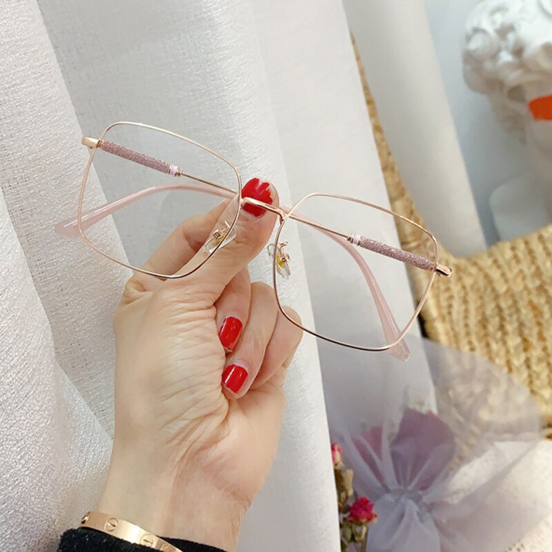 Anti-blue light crystal shiny leg women's glasses alloy square pink gold eyeglasses female computer eyewear: pink  clear