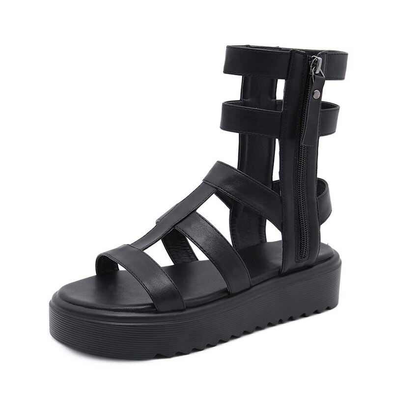 Gdgydh ankelrem gladiator sandaler kvinder platform tyk bund komfortable sko til sommer sort punk lynlås: 8
