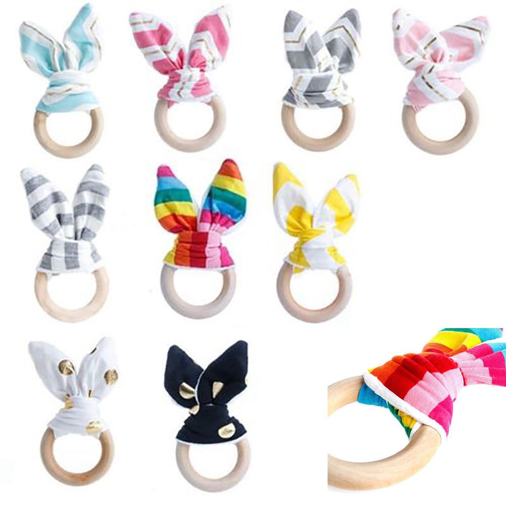 Cute Wooden Natural Chewing Teether Bunny Sensory Toy Infant Baby Teething Ring