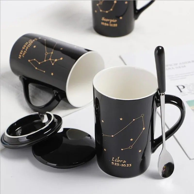 Con caja de , tazas de cerámica de 12 constelaciones, tapa de cuchara, porcelana negra y dorada, taza de café con leche del zodiaco, agua de 400ML