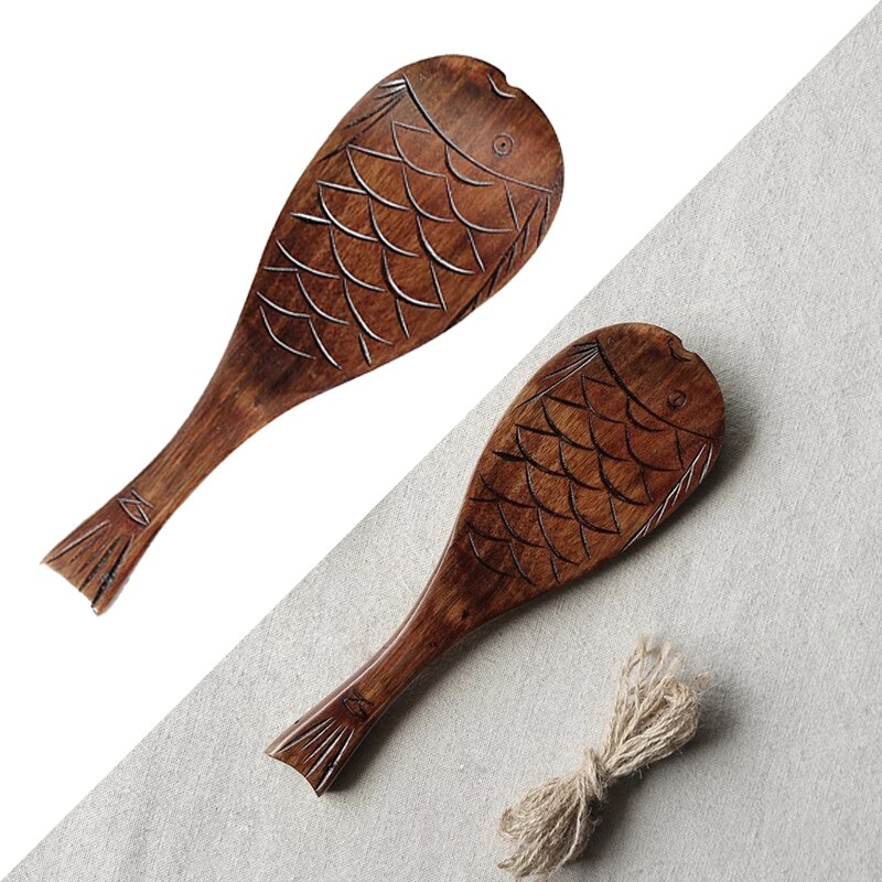 Kitchen Wooden Spoon Wood Rice Paddle Spatula Hand-Carved Fish Pattern Rice Spoon Scoop Cooking Tools Tableware