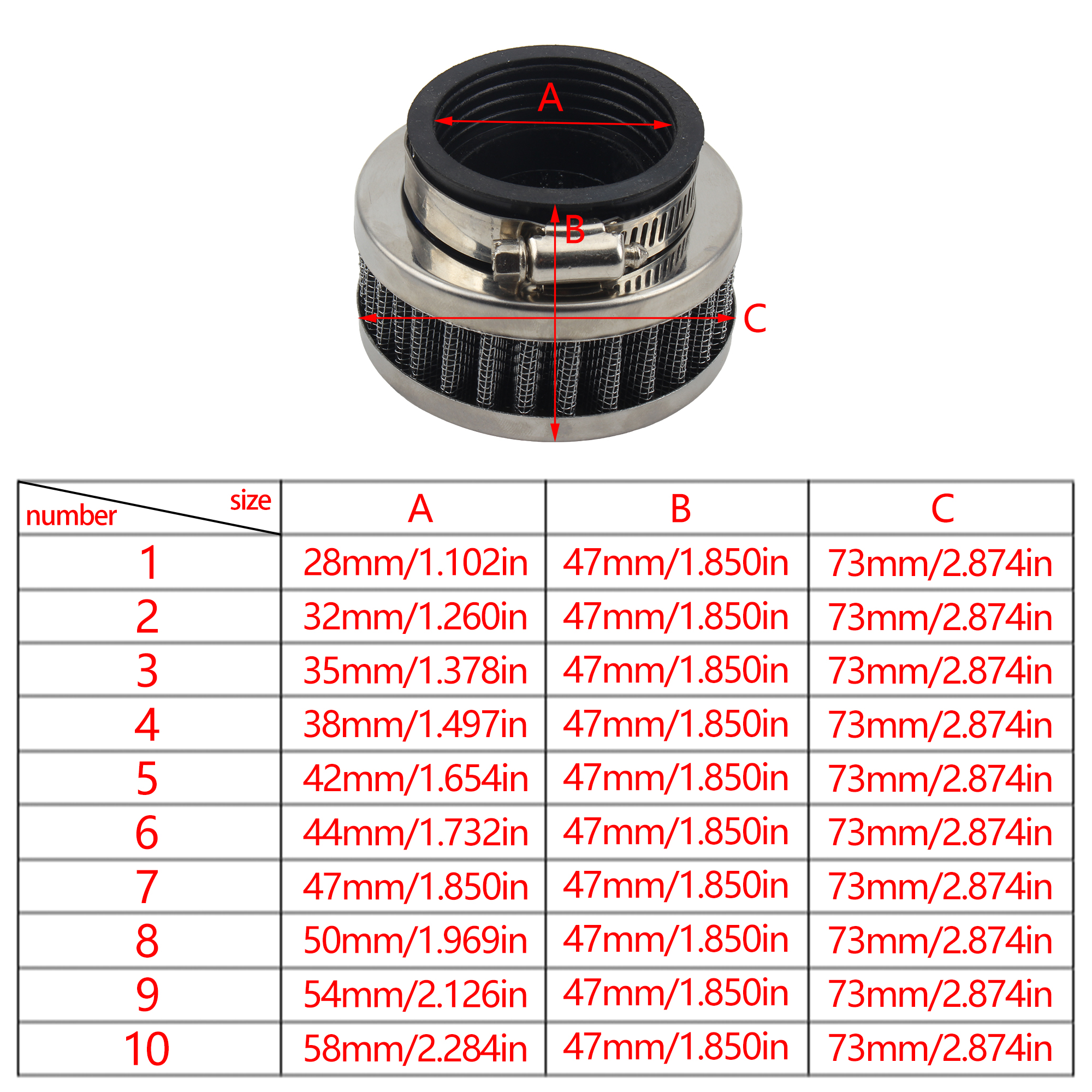Motorcycle Air Filter Cleaner Sports Intake 28mm 32mm 35mm 38mm 42mm 44mm 48mm 50mm 54mm 58mm Dirt Bike Universal Scooter Parts