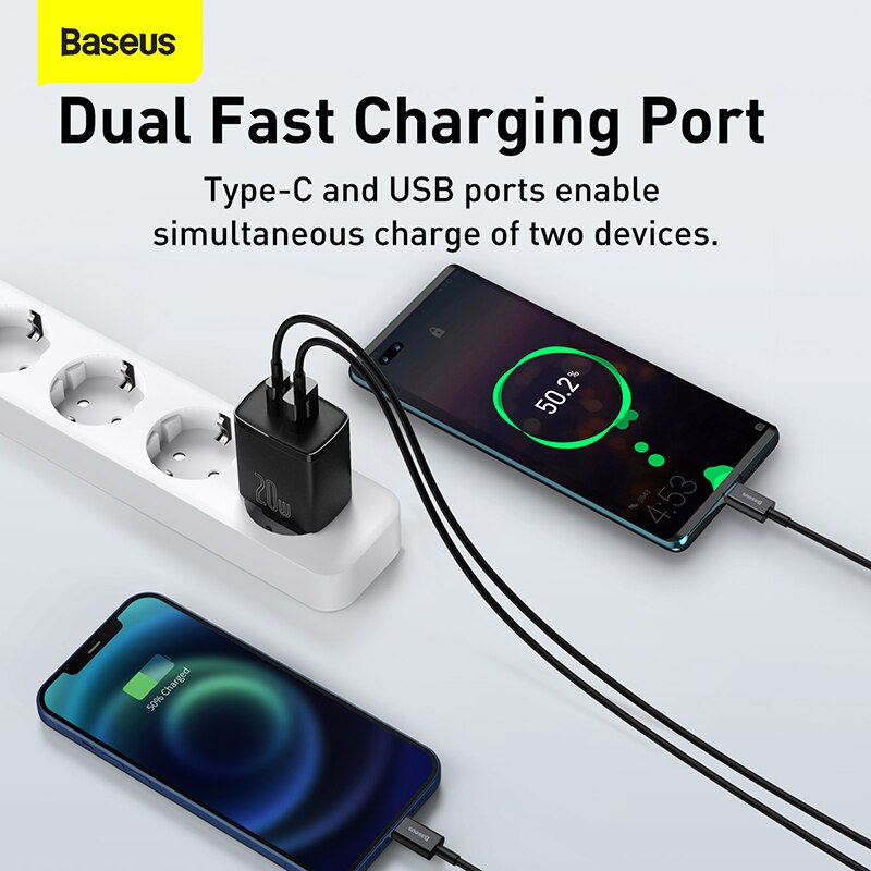 Baseus 20W caricabatterie USB tipo C Dual USB adattatore per ricarica rapida caricabatterie PD caricabatterie da viaggio portatile per iphone 12 13 pro Xiaomi