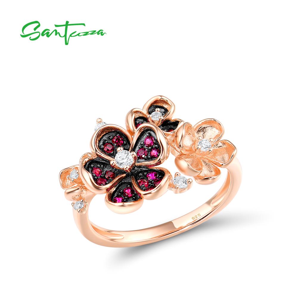 SANTUZZA Silber Ring Für Frauen 925 Sterling Silber Blume Rose Farbe glänzend Erstellt Rubin Weiß CZ Ring Elegante Partei fein schmuck