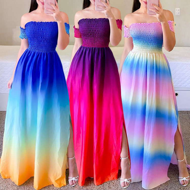 Moda feminina um ombro impresso split doce e elegante borboleta arco-íris vestido longo senhora vestidos flor sólido colorido