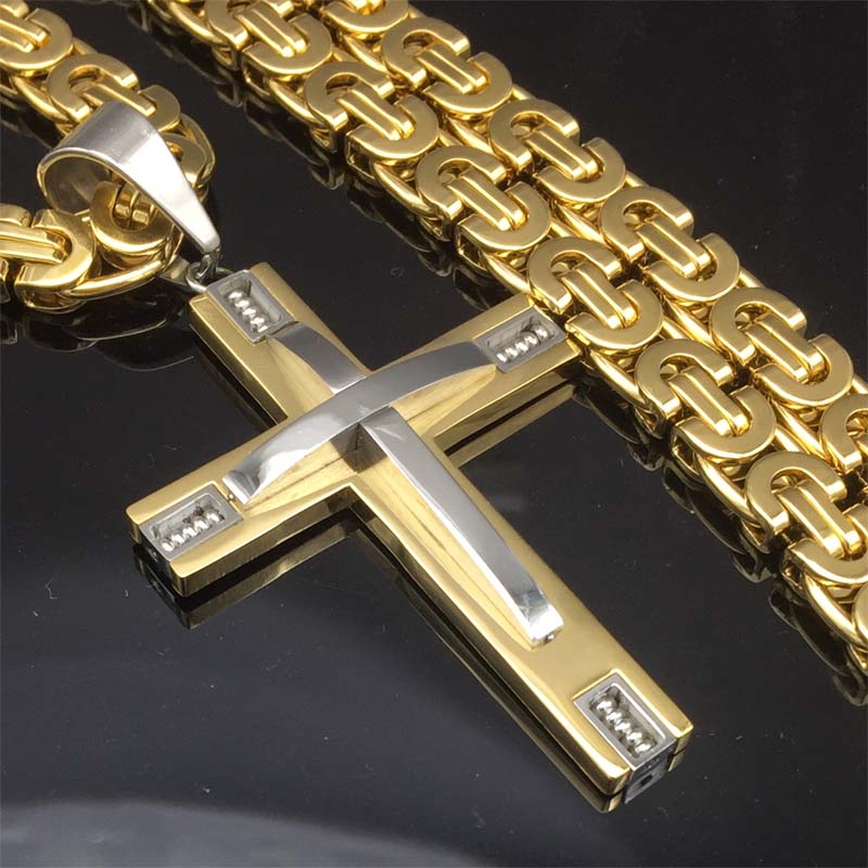 316l 24 "rustfrit stål byzantinske kæde ridder kors halskæde mandlige kristne smykker guldfarvet krucifiks herre halskæde vedhæng
