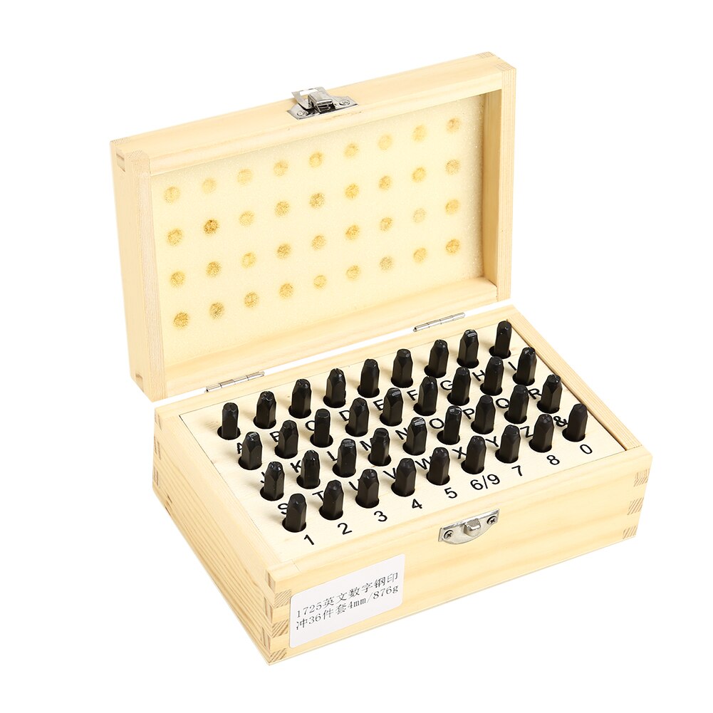 Juego de 36 Uds de punzón de acero para números y letras, Kit de herramientas para estampar cuero grabado, molde de impresión para estampado de cuero con caja de madera: 4mm