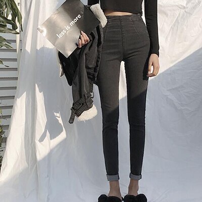 Pantalones vaqueros ajustados de cintura alta con cremallera lateral para mujer, vaqueros negros sencillos, informal,: S