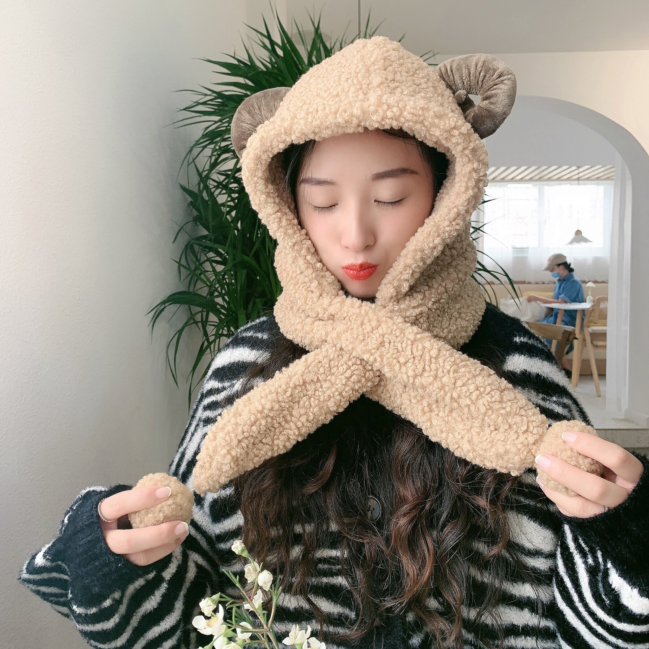 Women's Shofar Cap Knit Plush Fur Hats Winter Windproof Warm Ear Scarf Cloak Protect Bomber Gorras: khaki / Adult