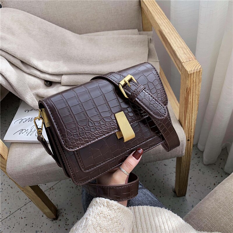 Simple Women's Handbag PU Leather Women Messenger Bag Alligator Shoulder Crossbody Bags Black: Brown