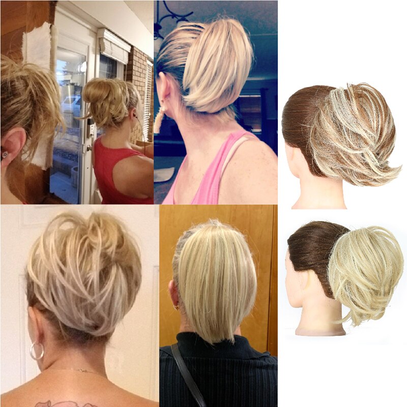 Xjbb syntetisk hår knold lige elastik hår extensions scrunchies donut chignon kort hestehale til kvinder