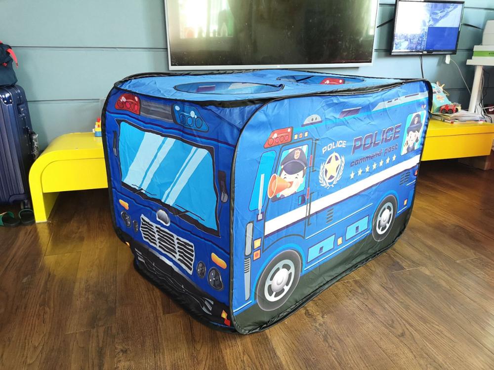 Børn telt børn pop op leg telt legetøj sammenfoldeligt legehus klud brandbil politibil spil husbus: Blå