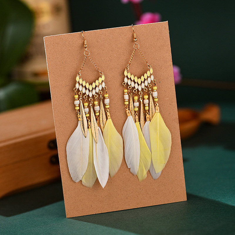 Bohend Orecchini Lunghi Bohémien Con Nappe E Piume - Oro, Turchese, Perline Di Legno, 12,5 Cm, Accessori Spiaggia E Viaggio Per Donna - 2