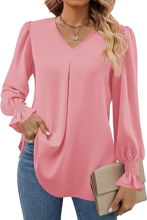 Solid Color Women's Shirt Autumn Item Solid Color Chiffon Shirt V-neck Pullover Trumpet Long Sleeved Top Blouse: XL / Pink