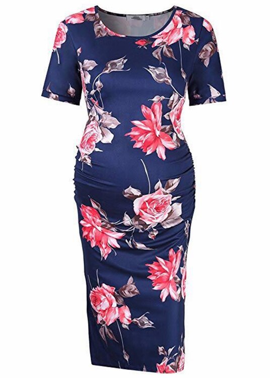 Summer Casual Women Short Sleeve Pregnant Maternity Dress Knee Length Flower Maternity Clothes Pregnancy Dress: Dark Blue / XL