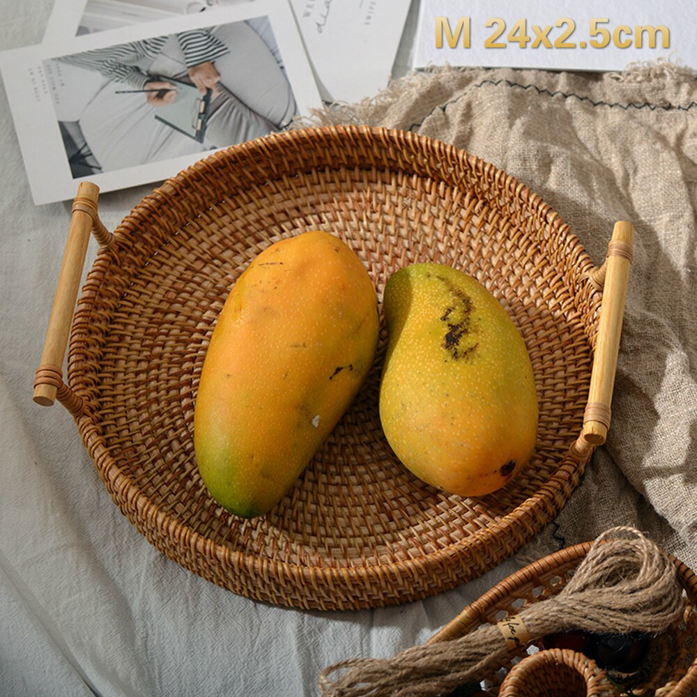 Rotin tissé à la main en osier panier rond haute paroi plateau de séparation des plateaux de stockage des aliments plaque sur les poignées pour le petit déjeuner boisson Snack: M 24x2.5cm