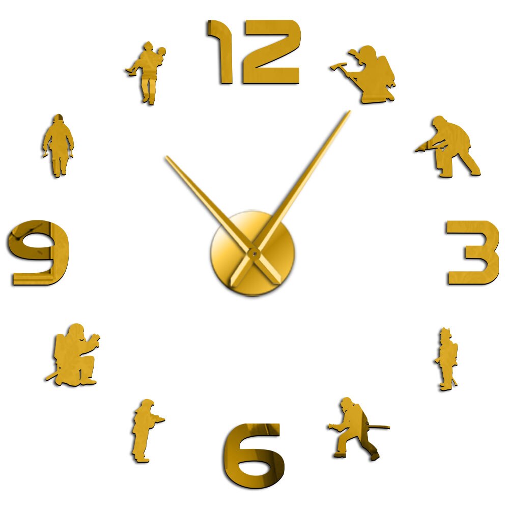 Brandweerlieden Fire Soldaten Diy Spiegel Stickers Grote Handen Giant Wandklok Brandweer Teken Frameloze Mute Horloge Brandweerman: Gold / 27inch