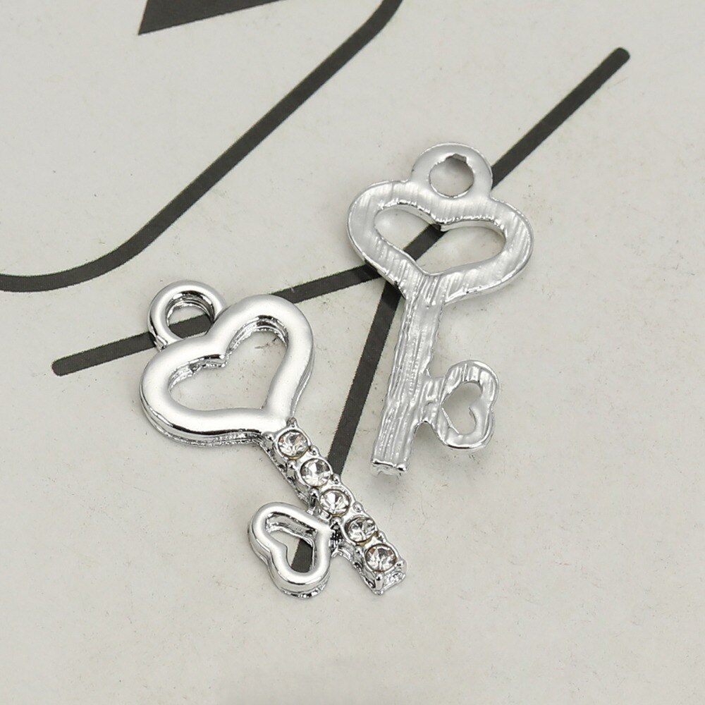 DoreenBeads Zinc Based Alloy Pendant Key Silver Plated Heart Clear Rhinestone DIY Charms 24mm(1") x 12mm( 4/8"), 20 PCs