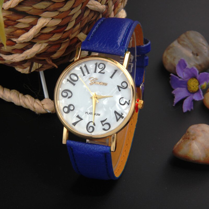 Geneva-reloj Digital de lujo para mujer, cronógrafo de cuarzo con correa de cuero y números grandes, Retro,: blue