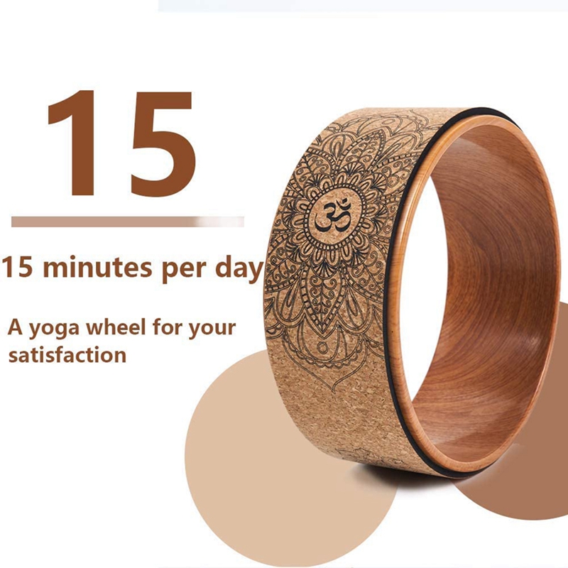 Cork Yoga Wheel for Yoga Poses and Backbends Inversions Wood-Effect and Mandala Print, Dharma Yoga Prop Wheel