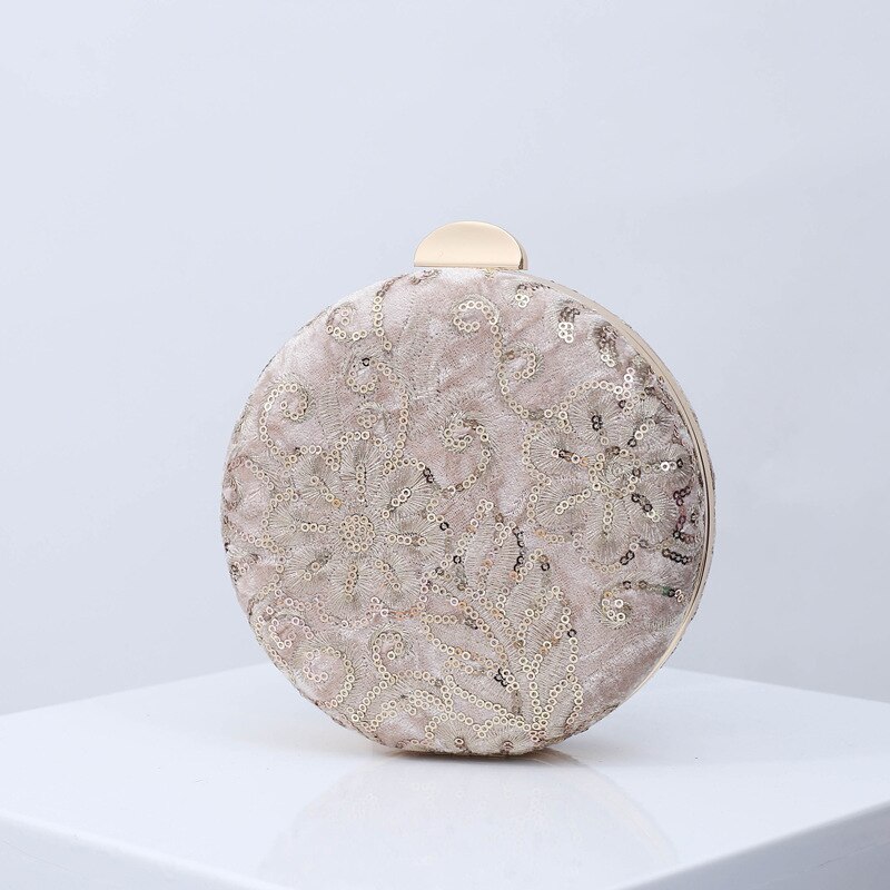 Velour Round Shape Evening Bags Clutch Bag With Chain Small Handbags Wedding Banquet Embroidered Flower Clutches Purse Retro: apricot