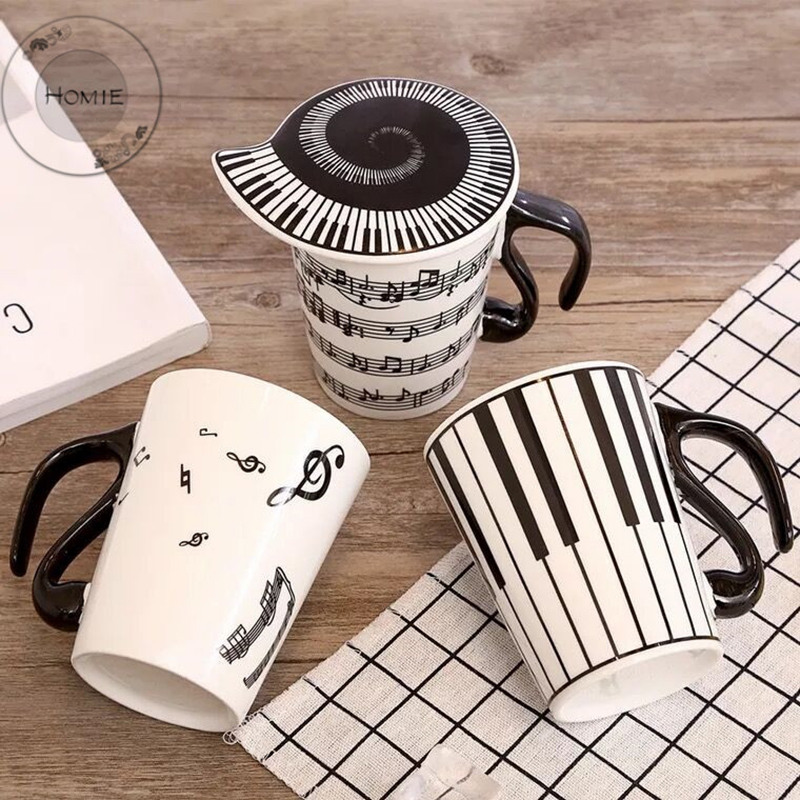HOMIE Unique handle ceramic cup free spectrum coffee milk tea cup personality mug with Cup lid musical instrument