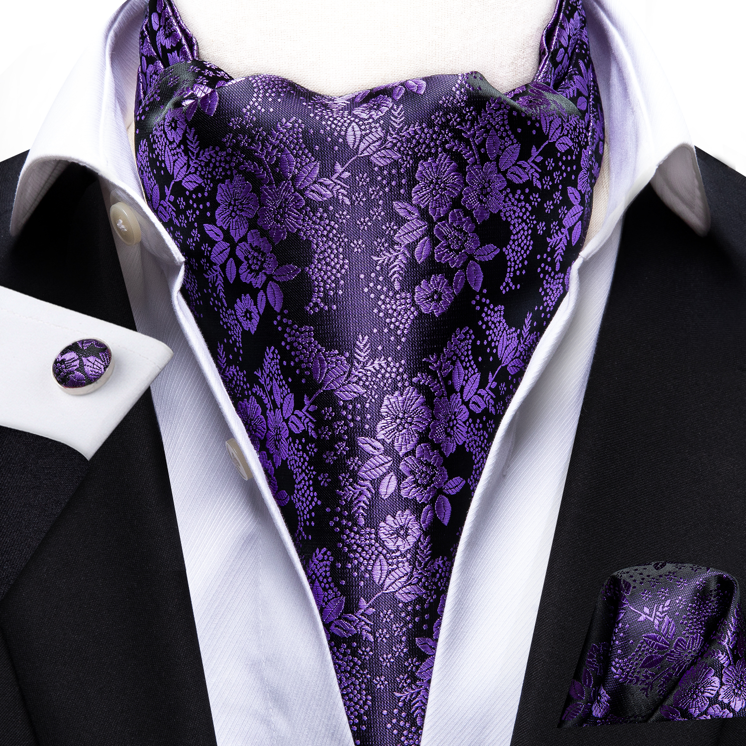 Hi-Tie Silk Mens Ascot Pocket Square Cufflinks Set Jacquard Paisley Floral Vintage Cravat Tie for Male Red Blue Green Gold Pink