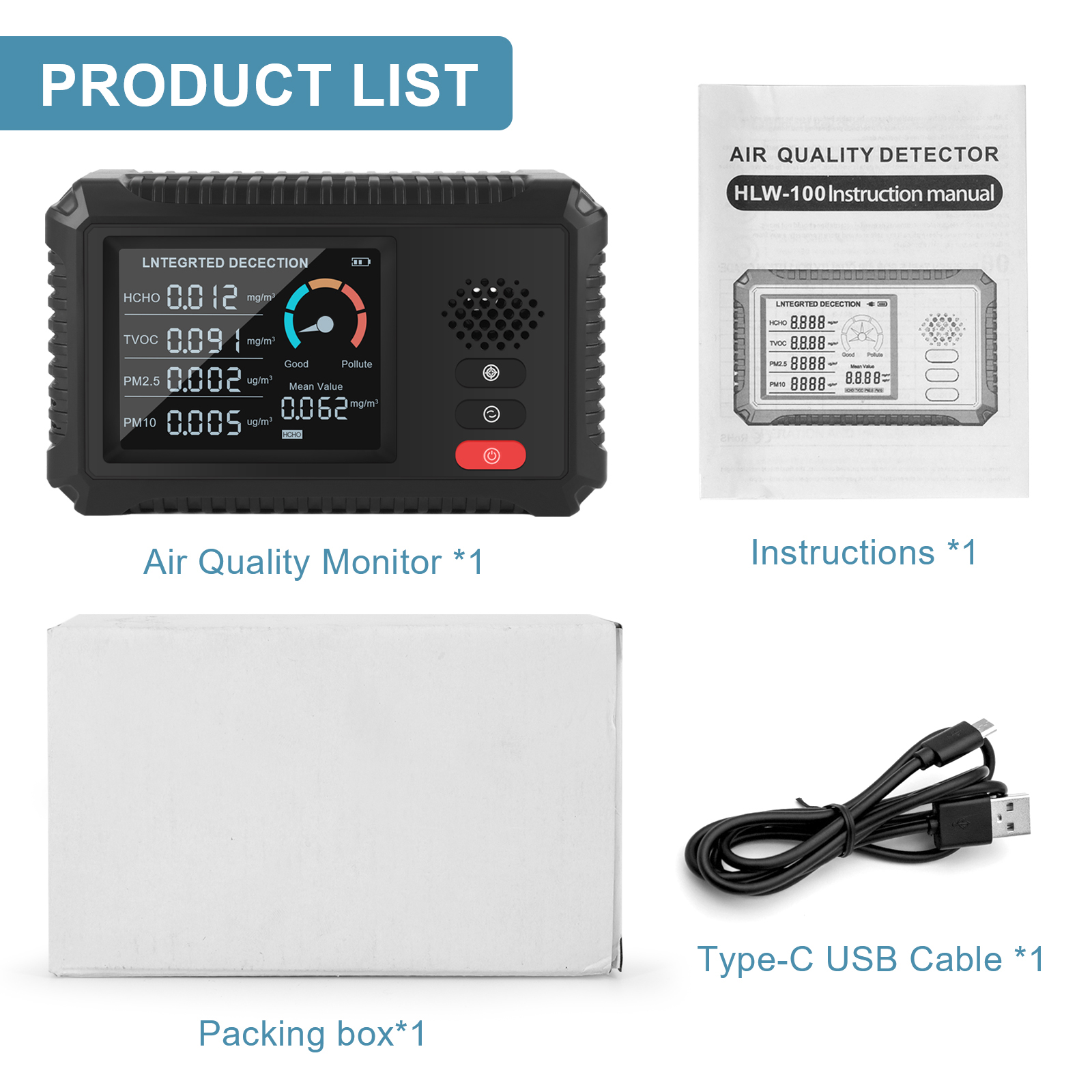 Multifunctionele Luchtkwaliteit Monitor Formaldehyde Kooldioxide Sensor Tvoc Hcho PM2.5/PM10/PM1.0 Detectie Instrument