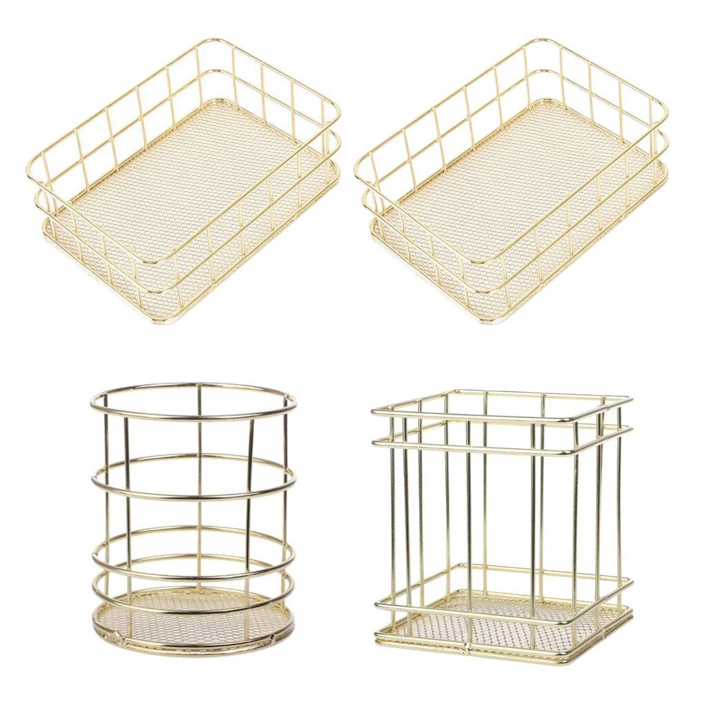 Gold Wire Mesh Pen Pot Pencil Holder / Metal Makeup Brush Holder / Multifunctional