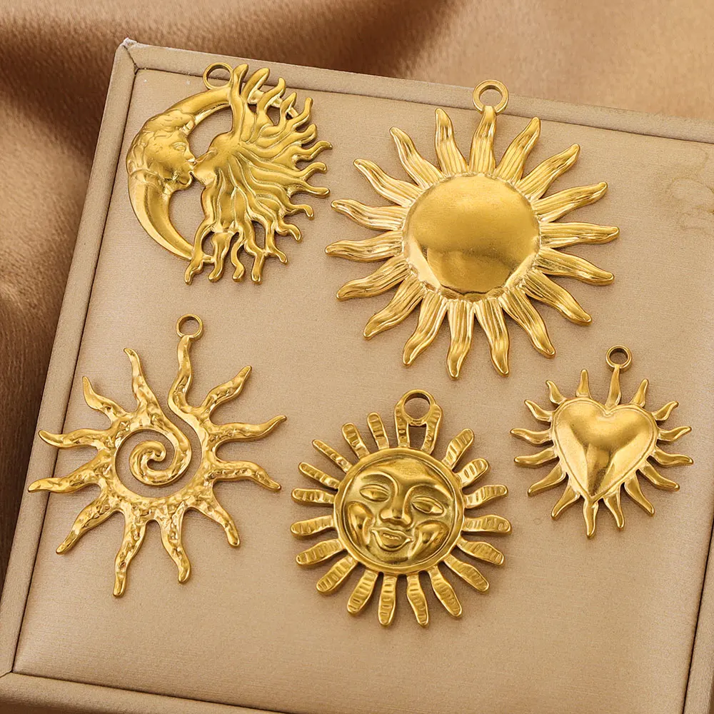 5 uds conectores de dijes de acero inoxidable corazón grande sol chapado en oro DIY collar pendientes joyería de materiales para hacer al por mayor