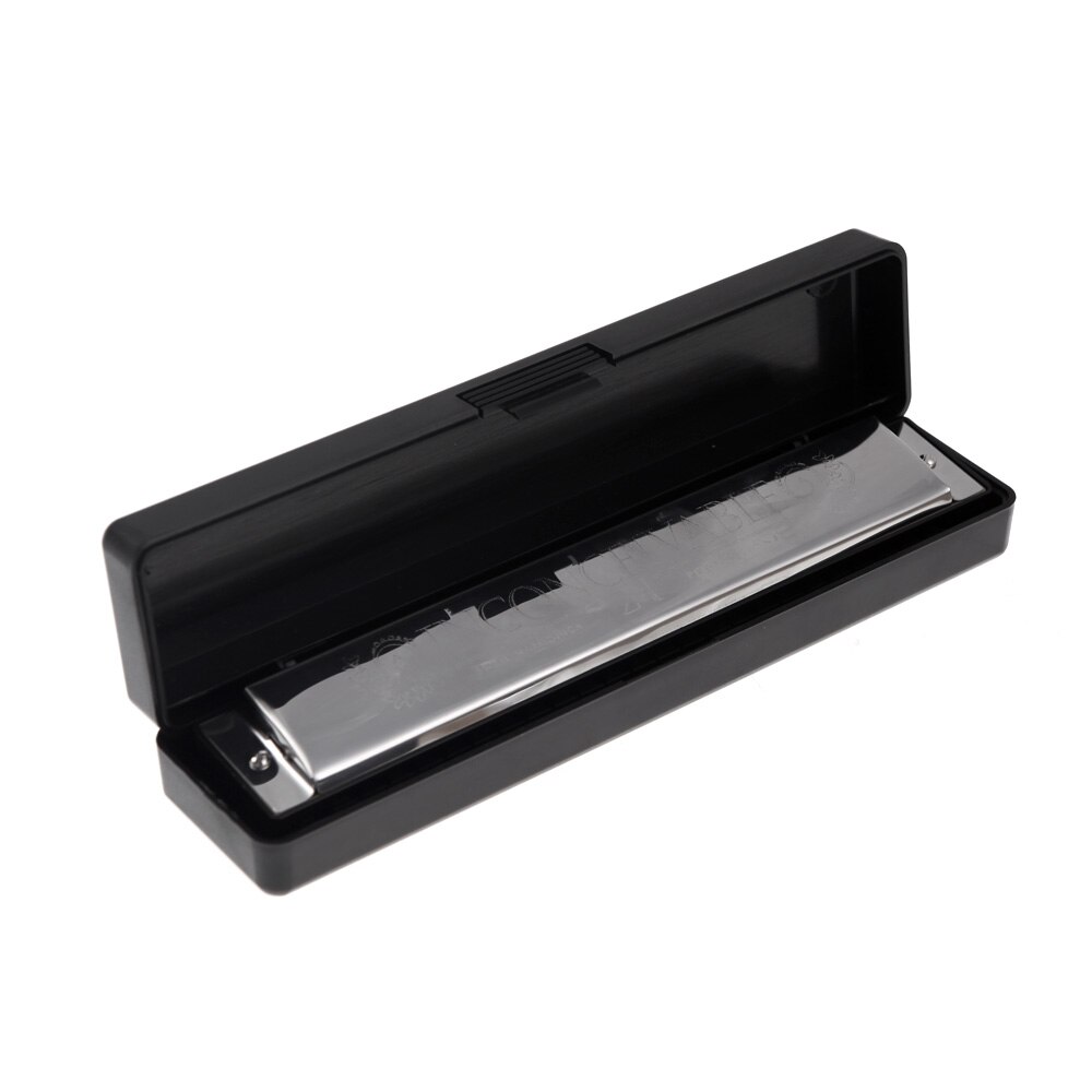 Tremolo Harmonica Mouth Organ 24 Double Holes with 48 Reeds Key of C Free Reed Wind Instrument with Silver Case