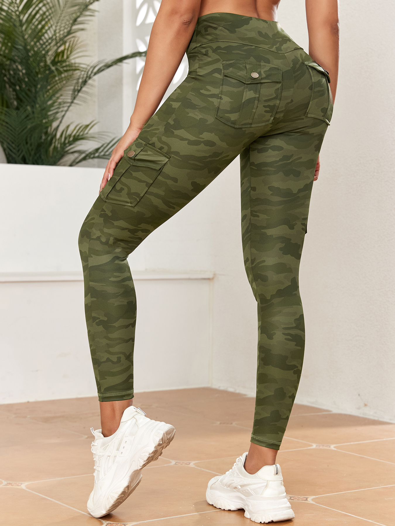 Pockets Camouflage Gym Leggings Women High Waist Fitness Sport Leggings Of Women Running Outdoors Compression Pant: XL / black