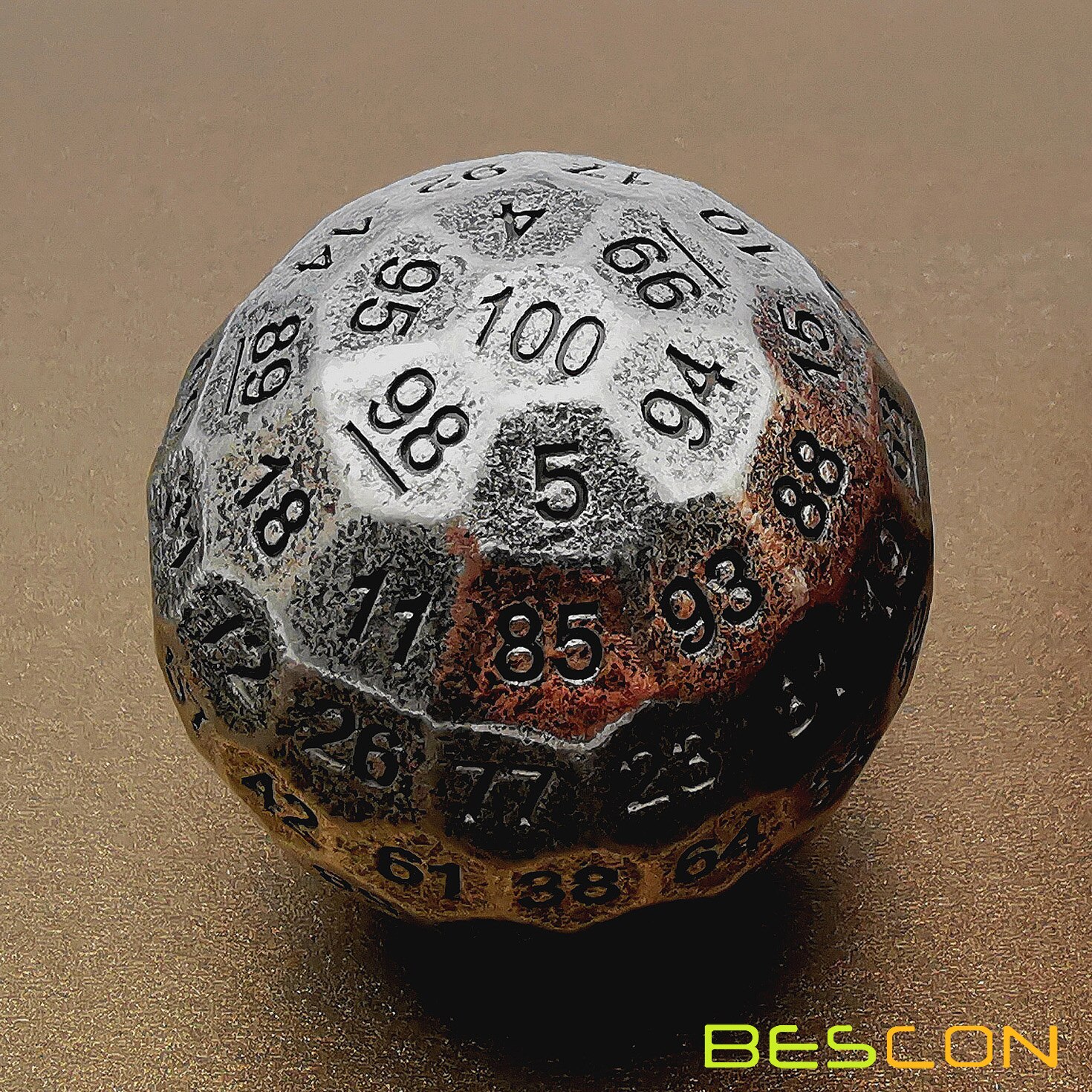 Bescon Solide Metalen 100 Zijdige Dobbelstenen, Spel Dobbelstenen D100, giant Polyhedral Metalen 100 Zijden Dobbelstenen 50Mm In Diameter (1.97in), Oude Zilveren