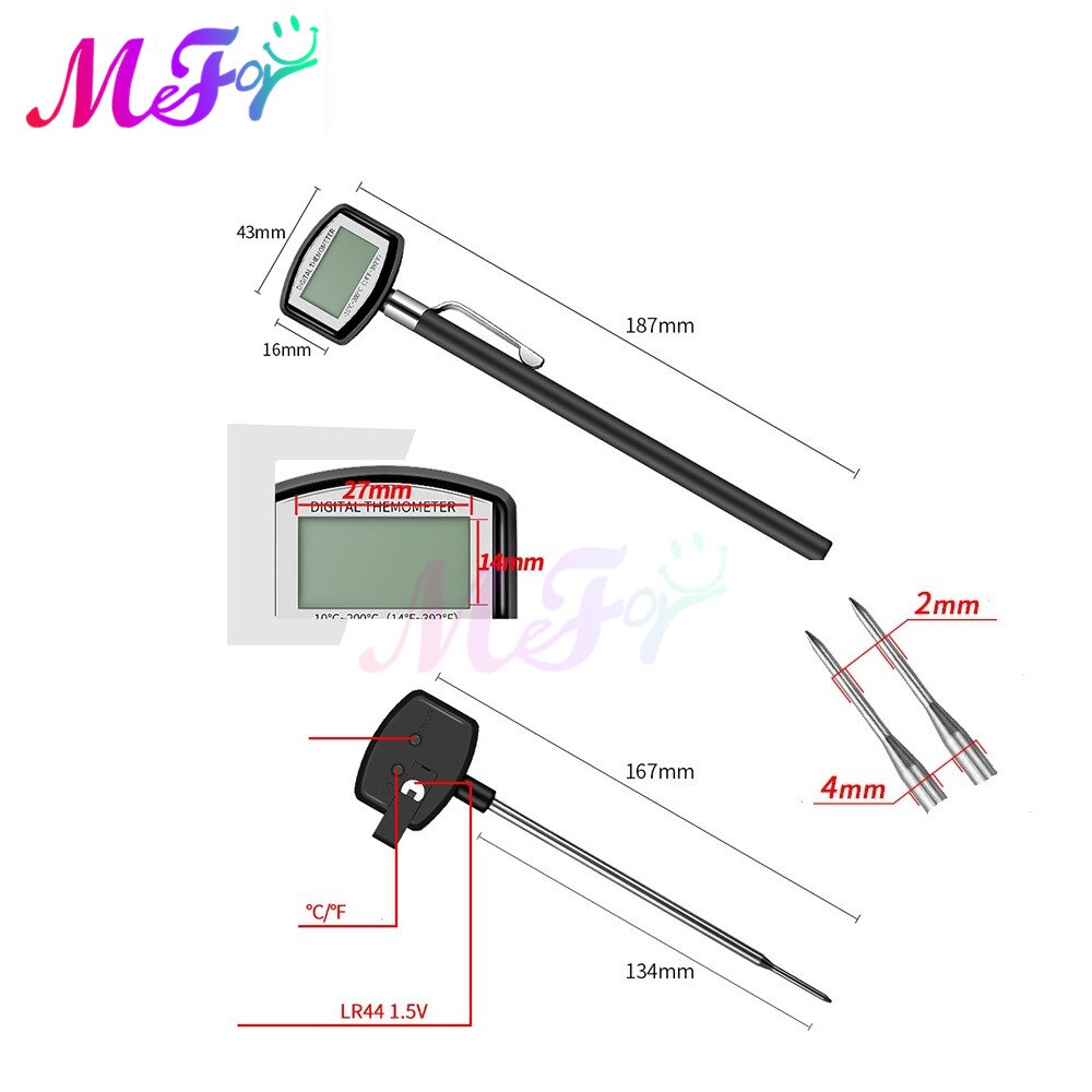 -10~200℃ Large Screen Digital Display Thermometer 134mm Long Probe Kitchen Electronic Barbecue Meat Food Thermometer Coffee
