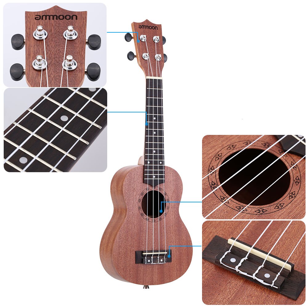 Ammoon-ukelele acústico de 21 pulgadas, instrumento Musical de cuerda de 4 cuerdas con 15 trastes, diferentes tipos de Guitarra