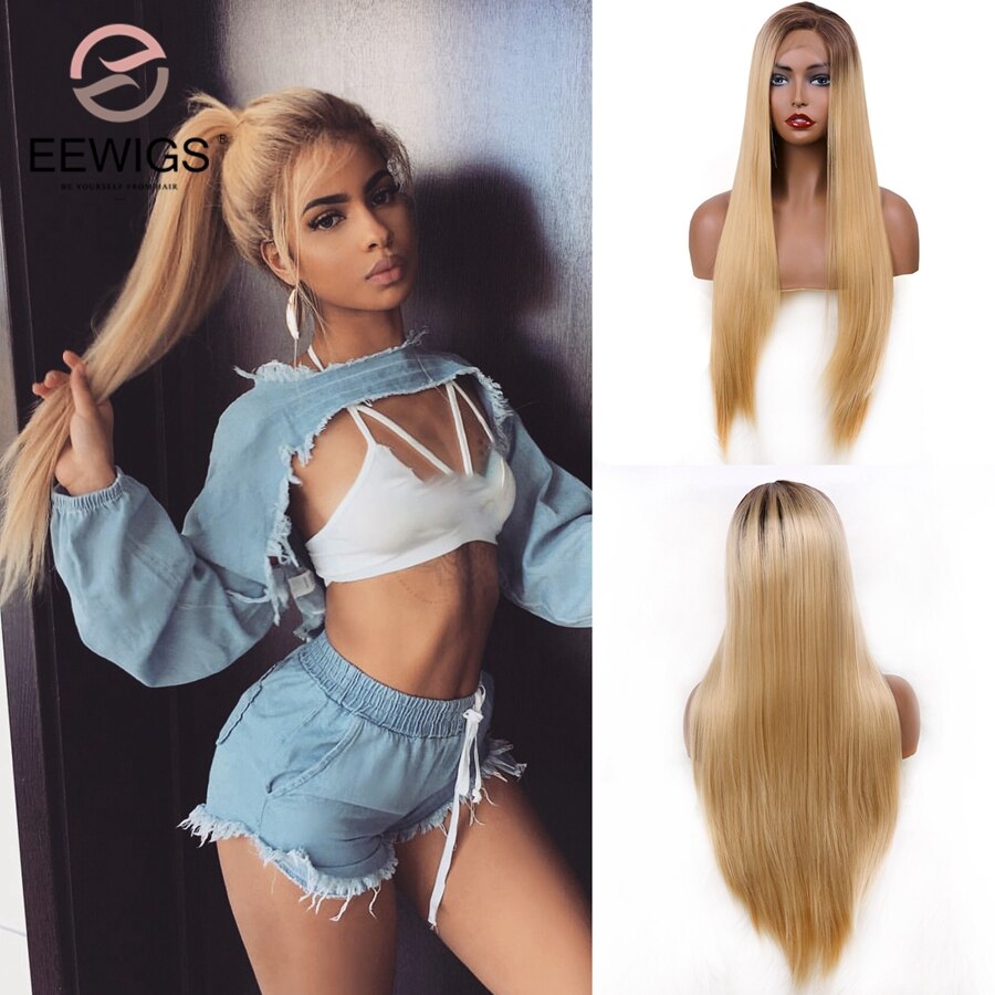 Eewigs Rose Roze Pruik Platina Blonde Synthetische Lace Front Pruik Met Korte Zwarte Wortels Lijmloze Lange Rechte Pruiken Voor Zwarte vrouwen: Blonde / 22 inches
