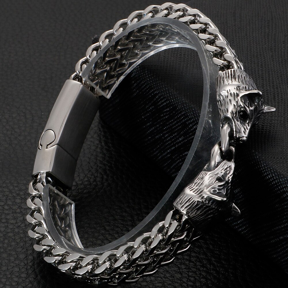 Vikings Biker Jewelry Stainless Steel Double Wolf Head Franco Link Curb Chain Bracelet For Men With Magnet Clasp 12MM Wide 22CM