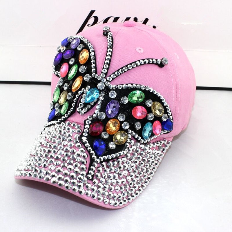 Fall Baseball Cap Women Full Crystal Colorful Big Butterfly Hat Denim Bling Rhinestone Snapback Caps Casquette Summer Hats