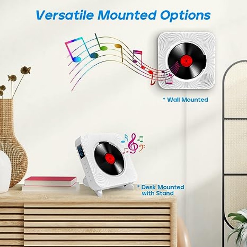Qoosea Wall Mounted CD Player with LCD Screen, Home Infrared Remote Control, Support for CD/Bluetooth Speaker/FM Radio/USB Drive