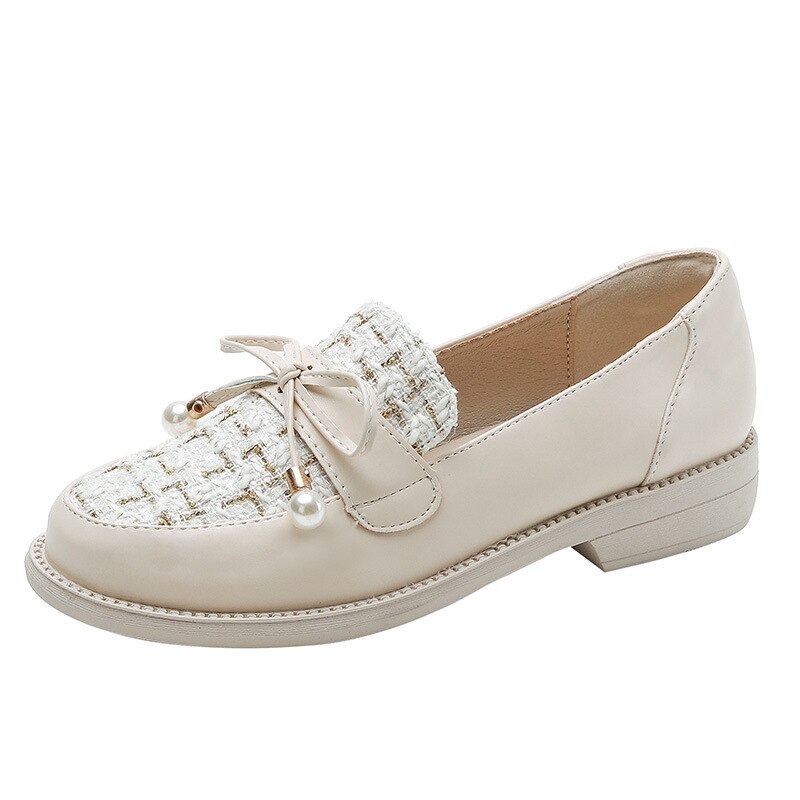 Spring style British style small leather shoes wild loafers large size women's shoes 35-43 light casual shoes: Beige / 35