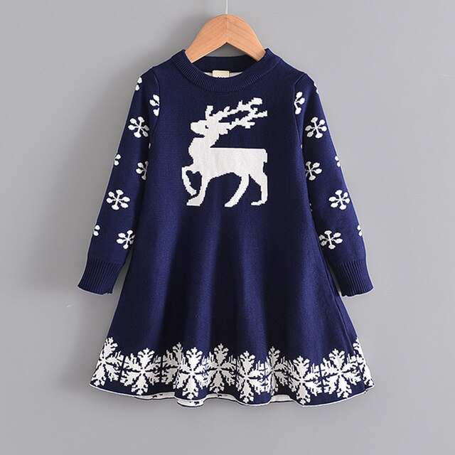 Gonna maglione per ragazze cervo natalizio abito a maniche lunghe autunno e inverno gonna per bambini ispessita neonata abito da neve di natale: Navy / 7